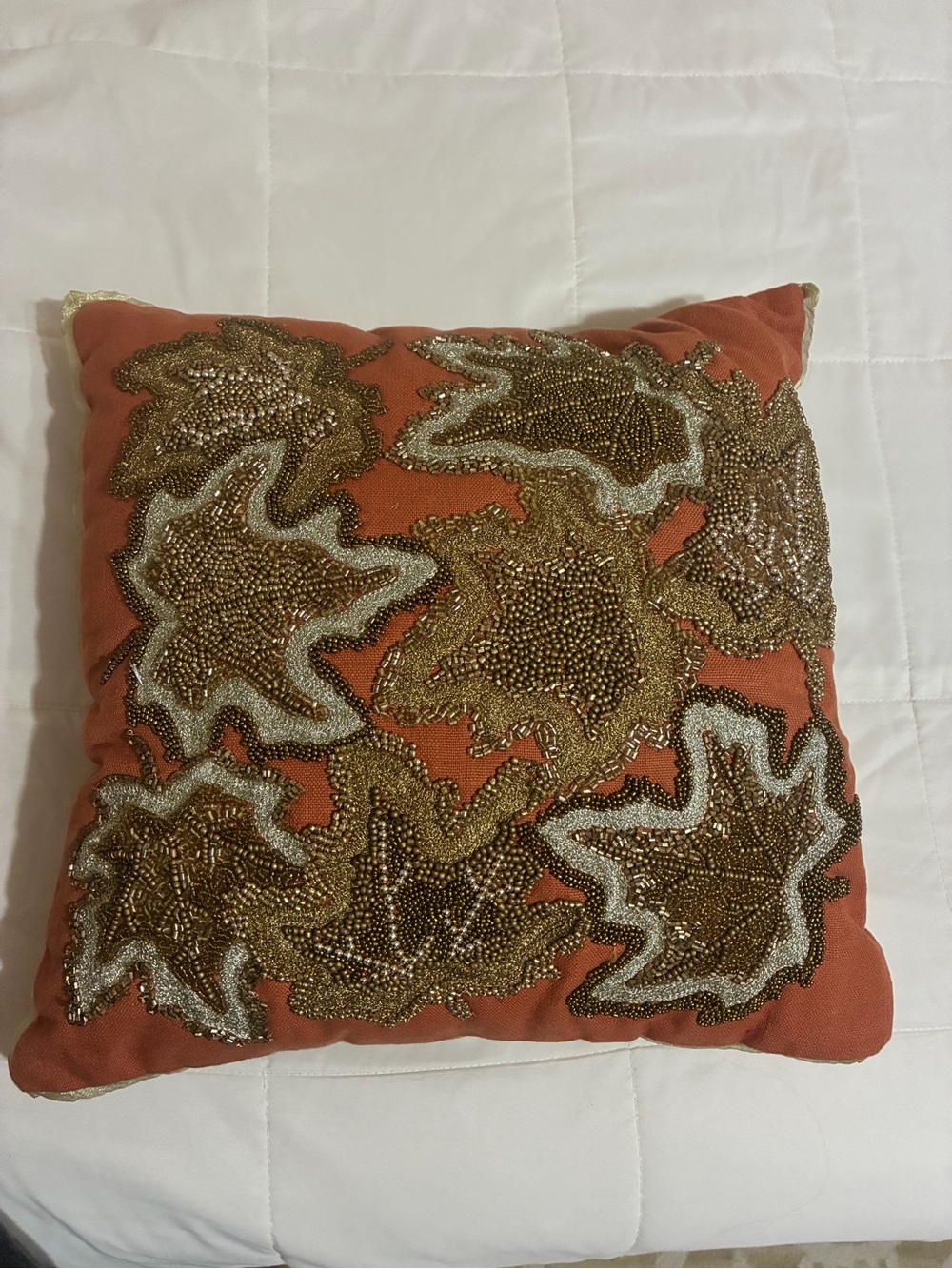 Pier 1 Beaded Orange Throw Pillow with Gold and Cream Accents